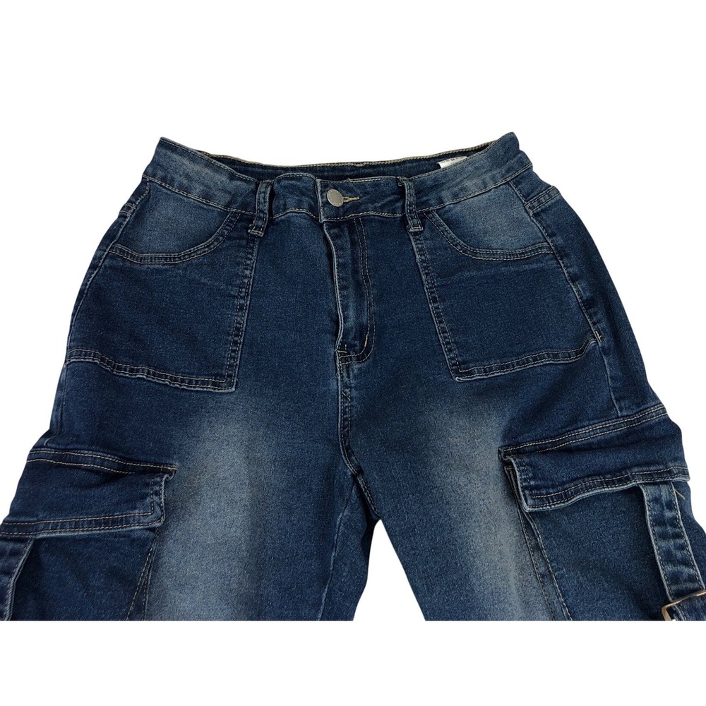 Shein Womens Petite L Dark Wash Denim Cargo Flare Jeans Buckle Strap Blue Retro - Picture 8 of 11